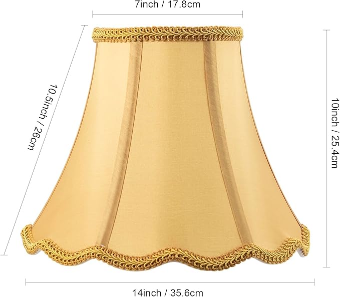 Saangseon Bell Lamp Shade, Scalloped Golden Faux Silk Fabric Lampshade Replacement, Softback, 7'' Top x 14'' Bottom x 10.5'' Slant Height x 10'' Vertical Height, Brass Spider